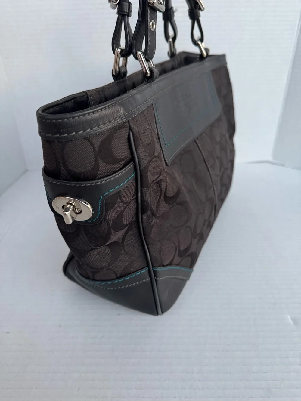 Coach Signature Gallery Tote 8K49 Black Jacquard with Turquoise Trim